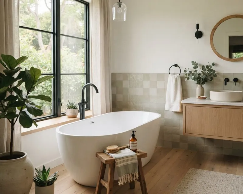 A modern remodeled bathroom with a white freestanding tub and natural light